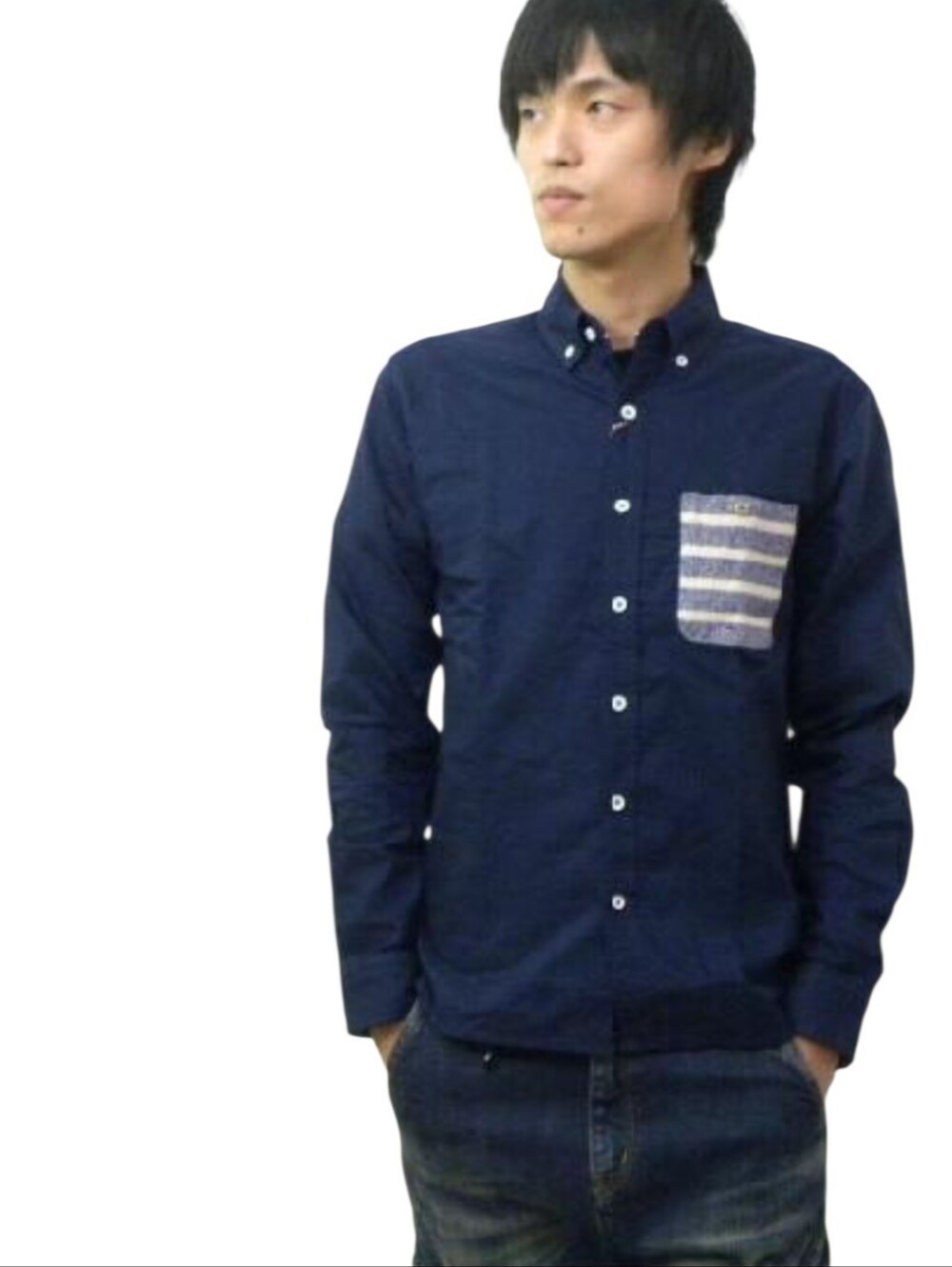 Jiberish Navy Button Up Long Sleeve Shirt Stripe Pocket Men's Large Preppy